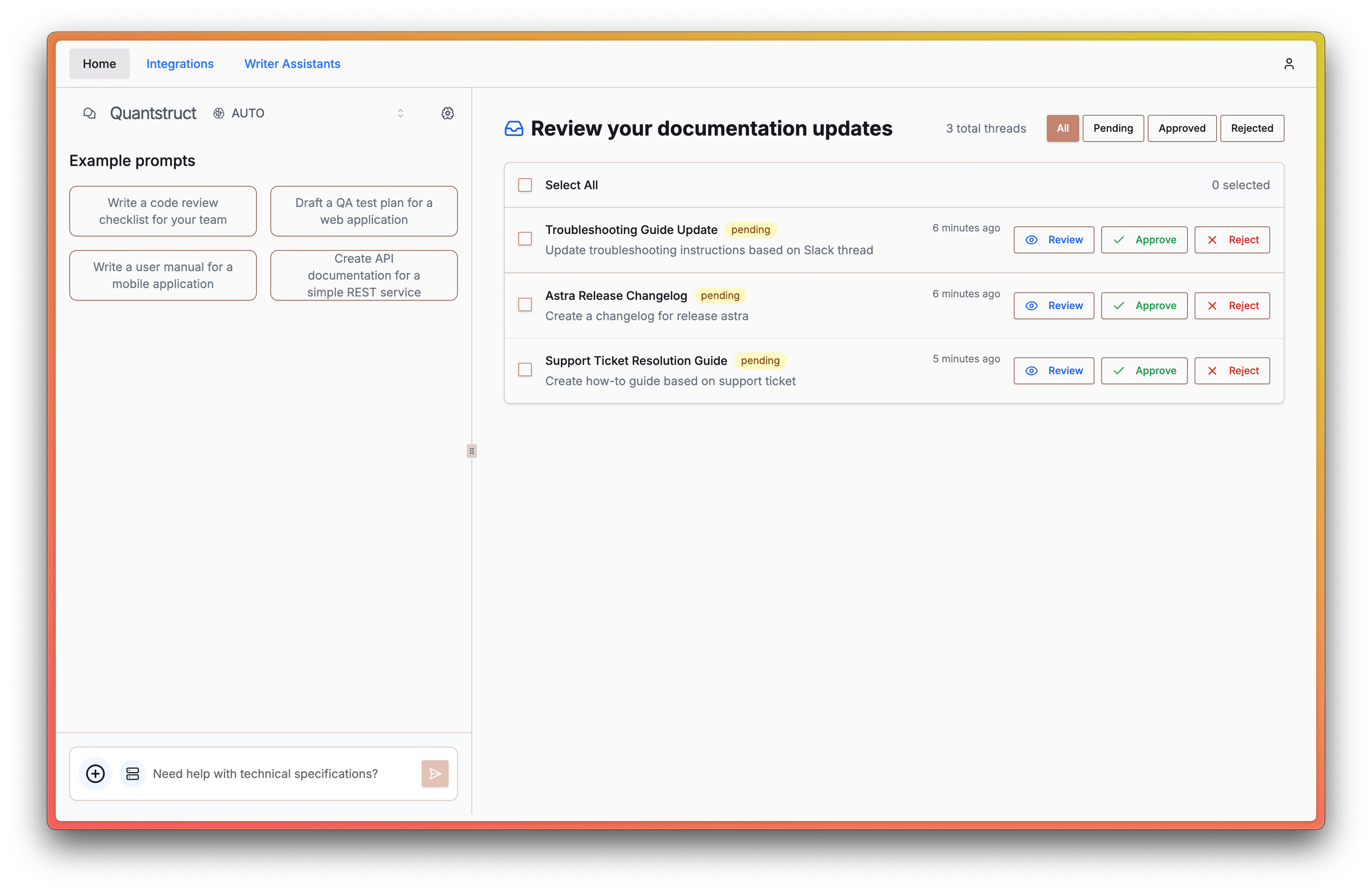 Quantstruct Inbox showing documentation updates